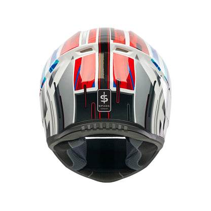 back of red grey and black motorbike helmet with spada logo on the back