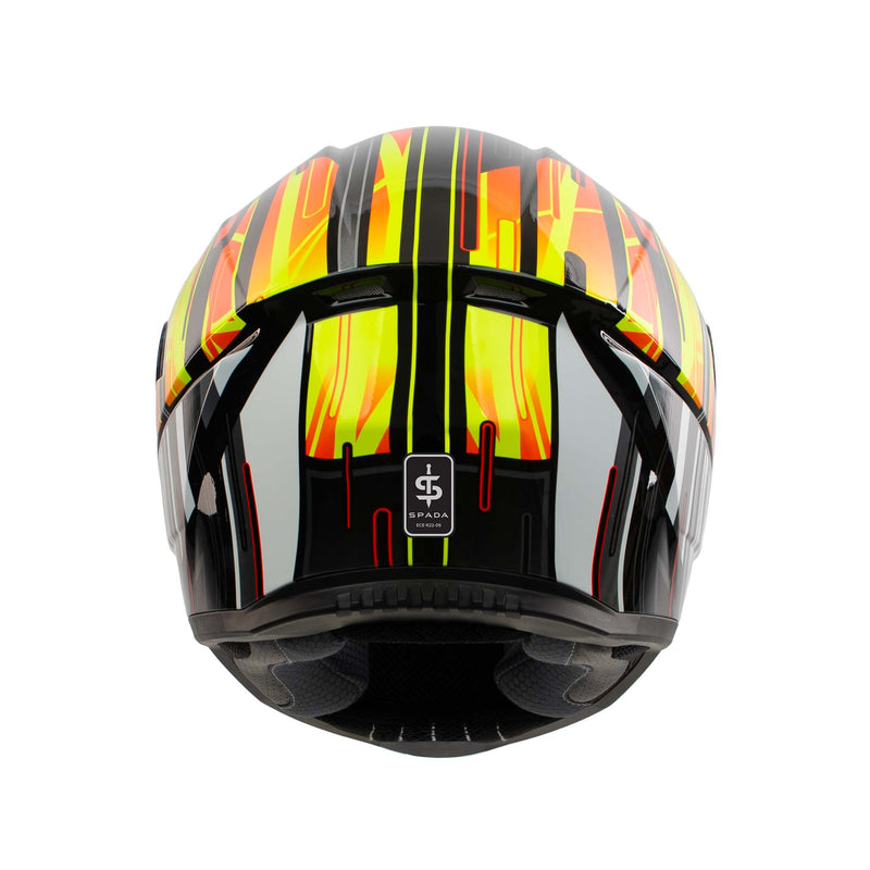 back of yellow and orange helmet with spada logo on the back