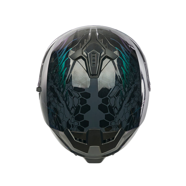 top of dark green motorcycle helmet