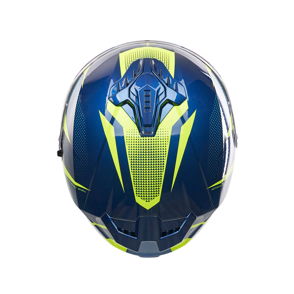 top of yellow and blue full face helmet with blue vents for airflow