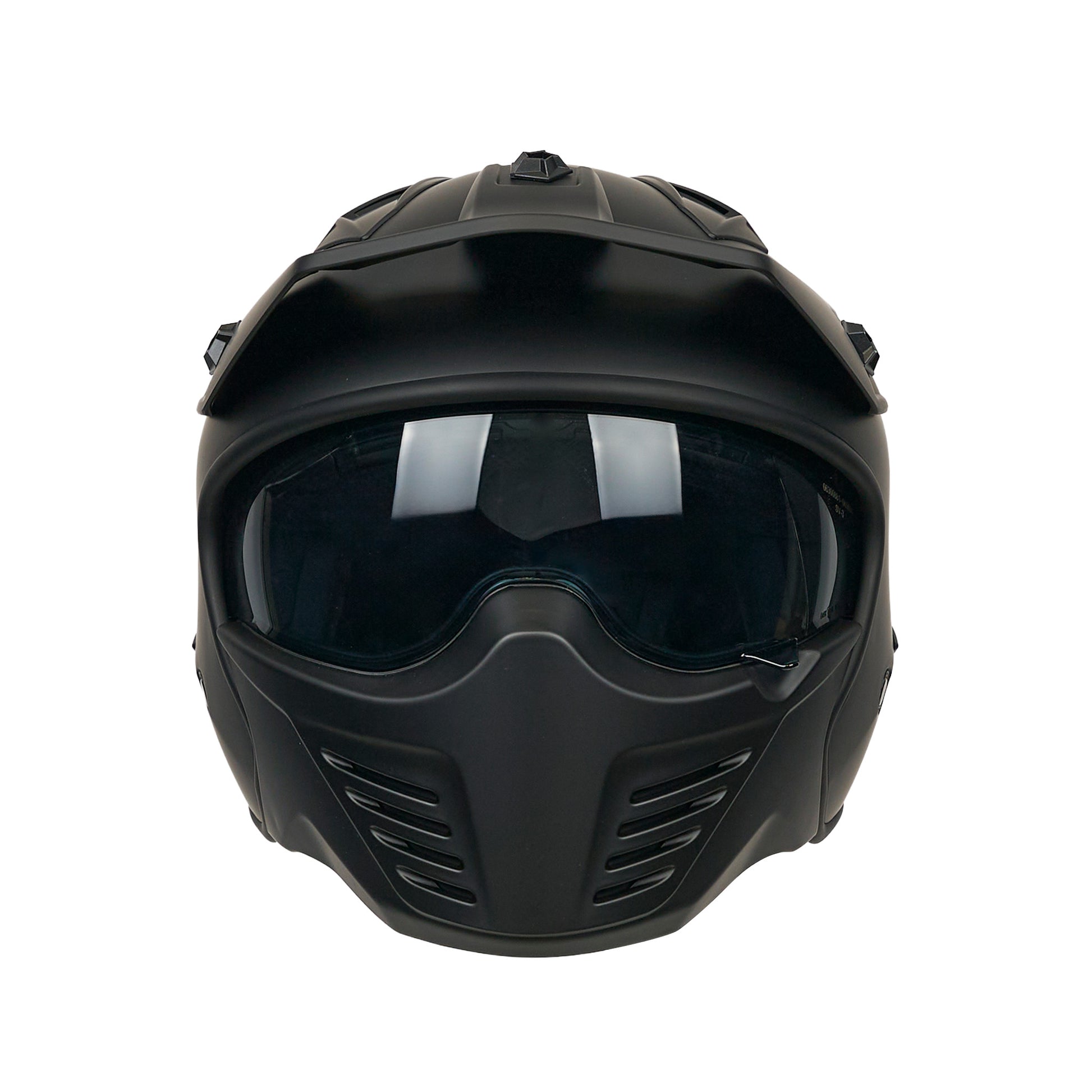 front facing matt black motorbike helmet with chin guard