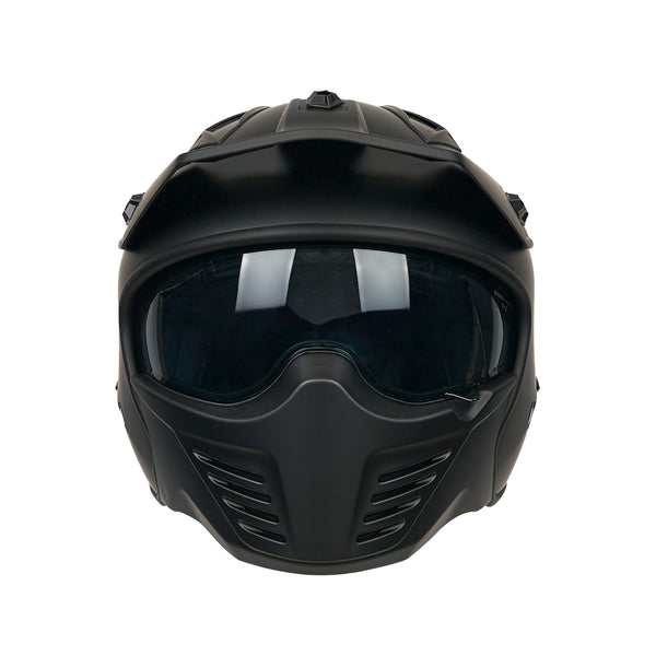 front facing matt black motorbike helmet with chin guard
