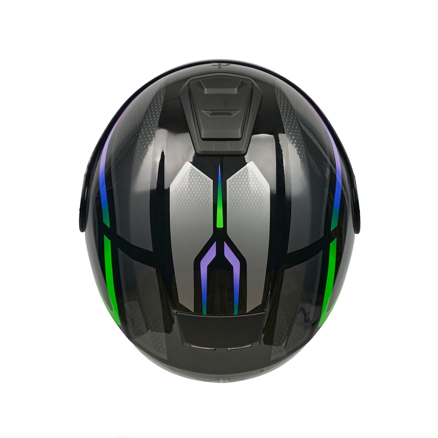 top of black green and purple motorbike helmet with black vents