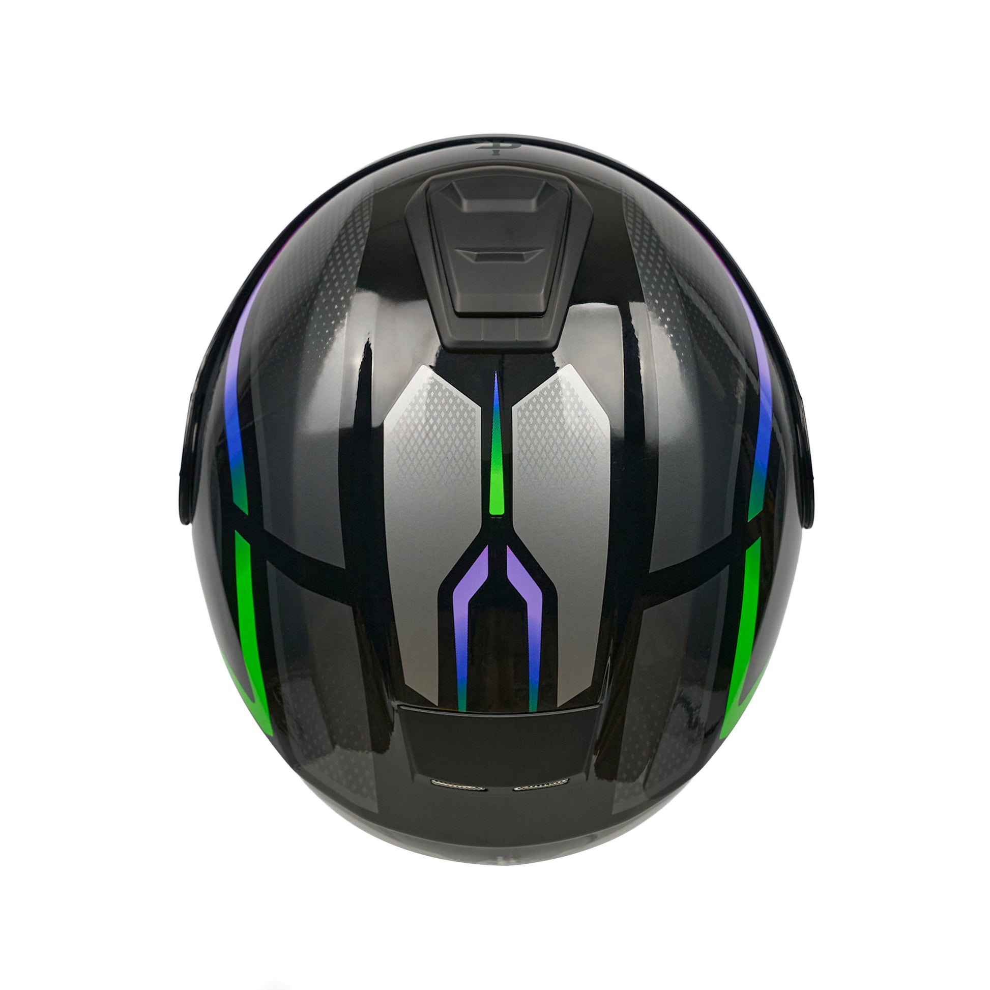 top of black green and purple motorbike helmet with black vents