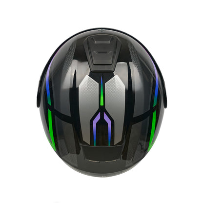 top of black green and purple motorbike helmet with black vents