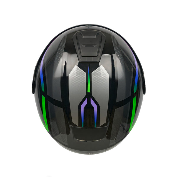 top of black green and purple motorbike helmet with black vents