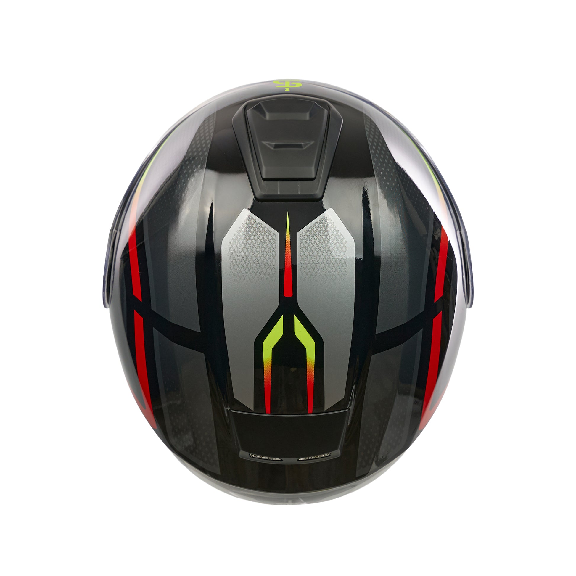 top of black and red motorbike helmet with black vents