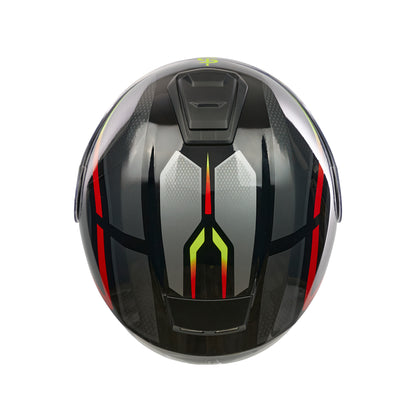 top of black and red motorbike helmet with black vents