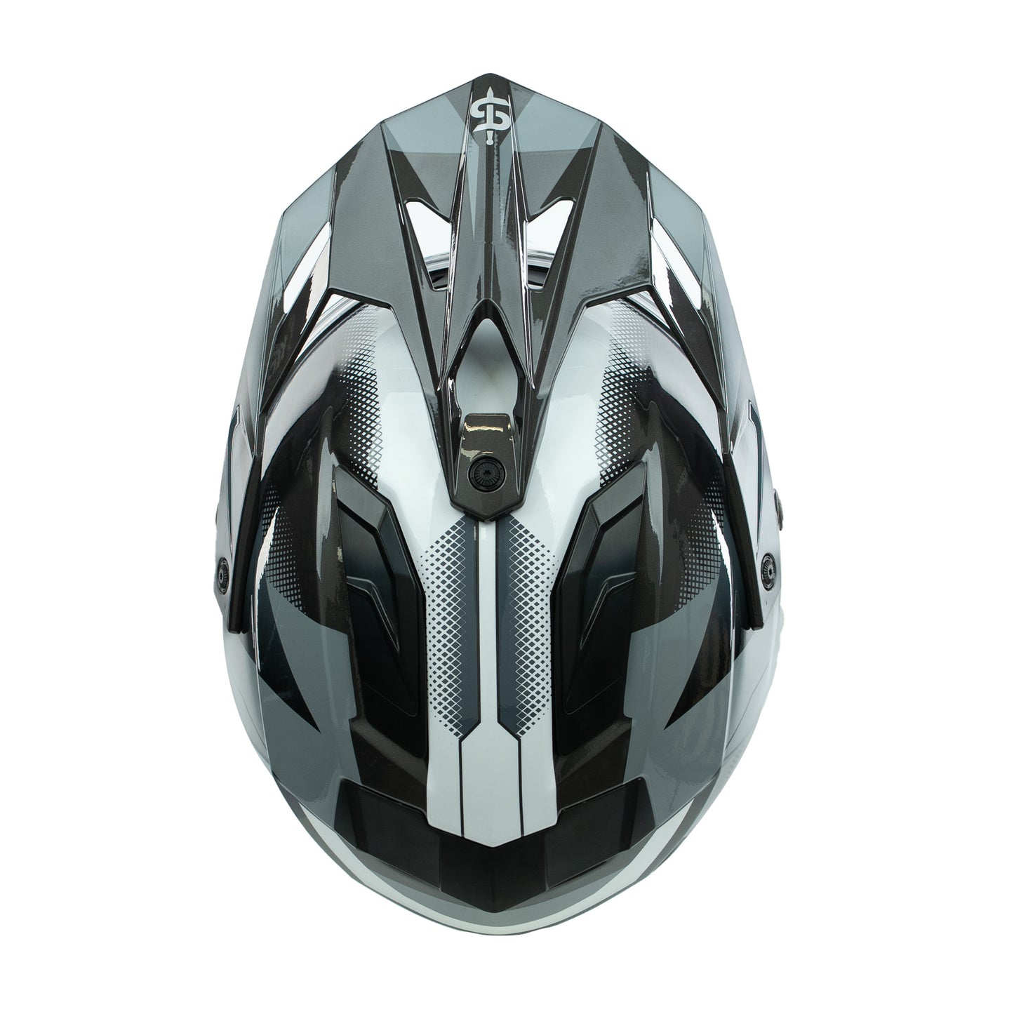 top of black and grey motorbike helmet iwth black vents and peak