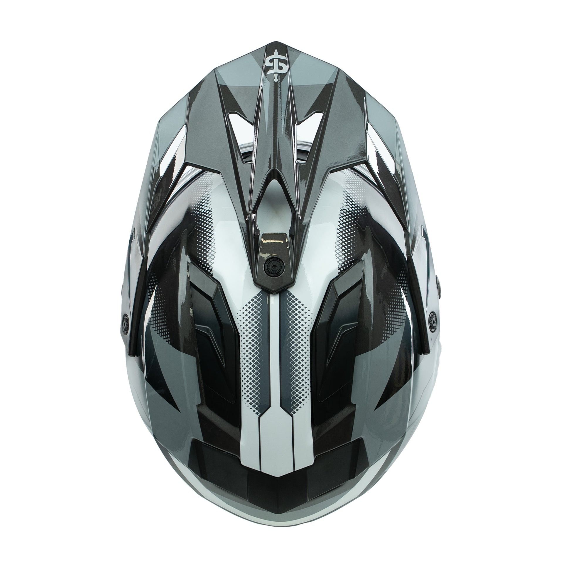 top of black and grey motorbike helmet iwth black vents and peak