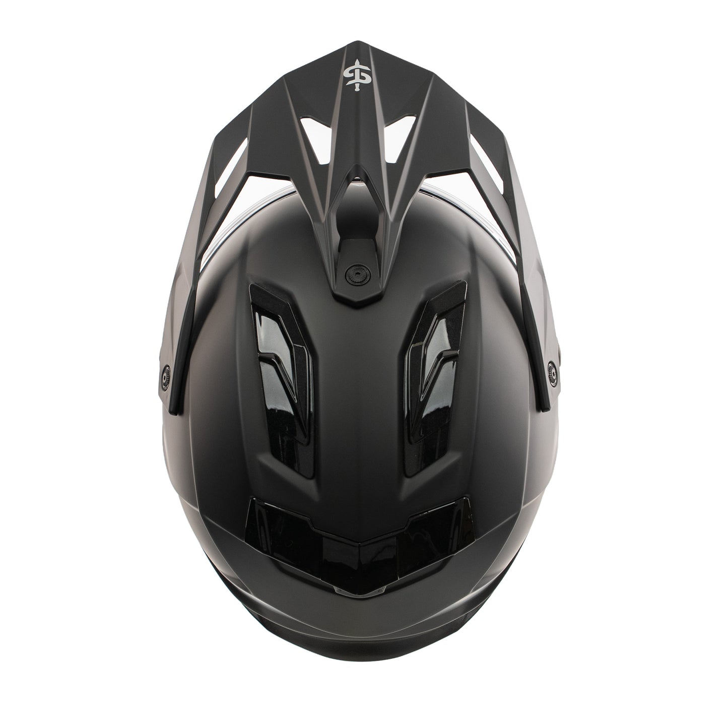 top of black full face helmet with black vents and peak