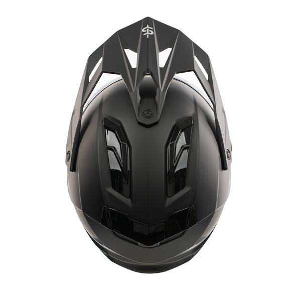 top of black full face helmet with black vents and peak