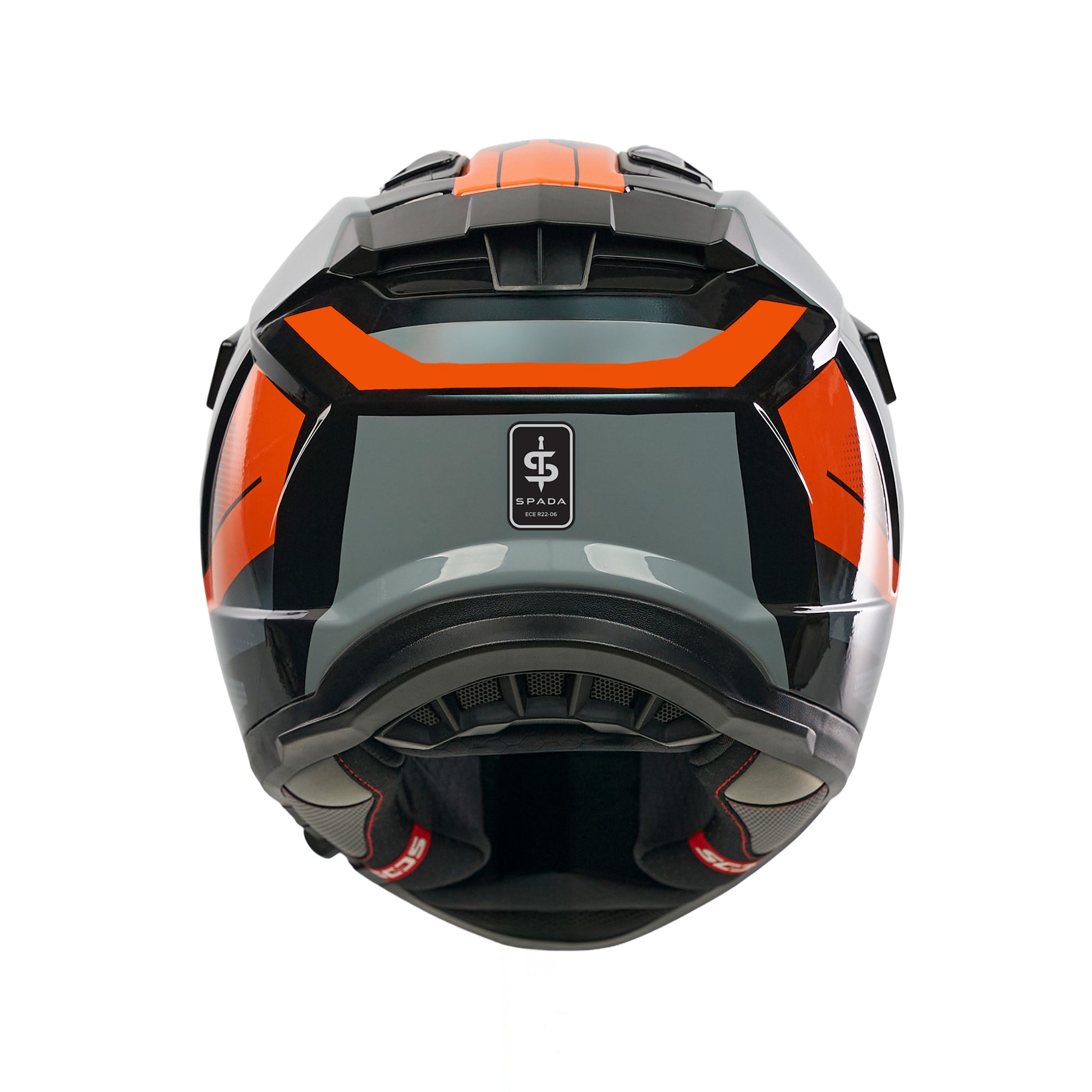 back of gray and orange motorbike helmet with spada logo on the back