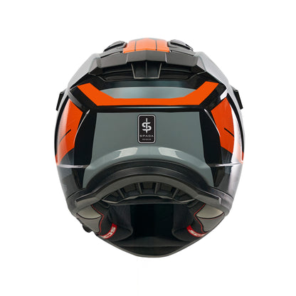 back of gray and orange motorbike helmet with spada logo on the back