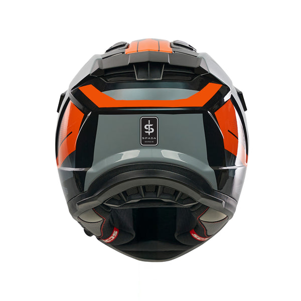 back of gray and orange motorbike helmet with spada logo on the back