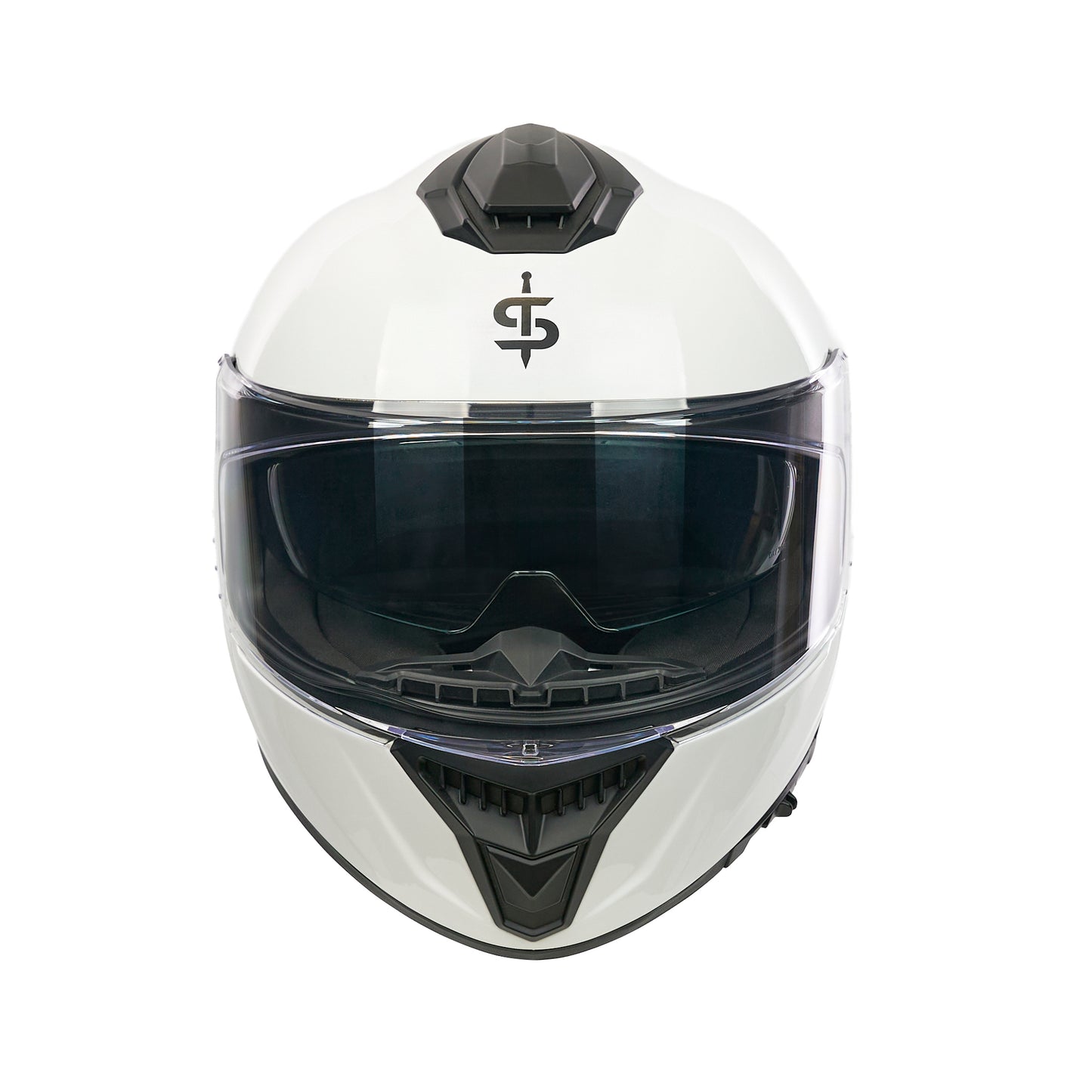 front facing white full face helmet with spada logo and clear visor
