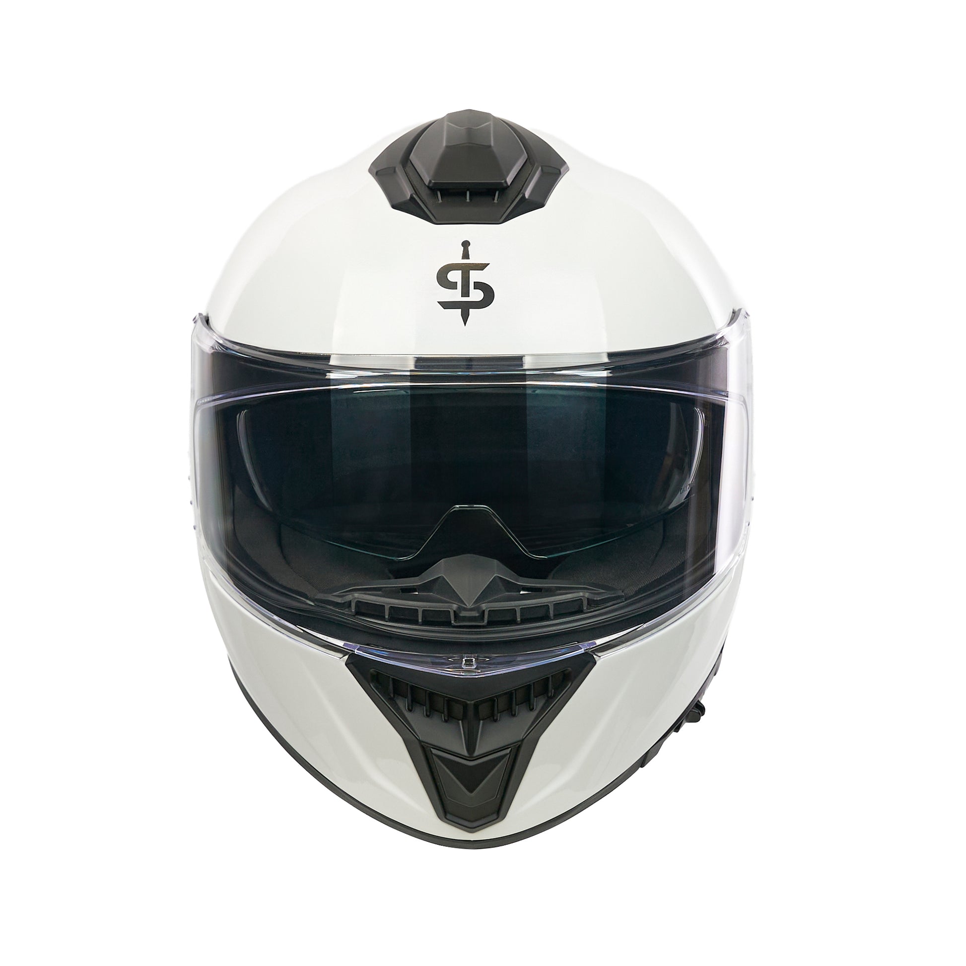 front facing white full face helmet with spada logo and clear visor