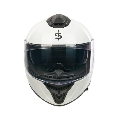 front facing white full face helmet with spada logo and clear visor
