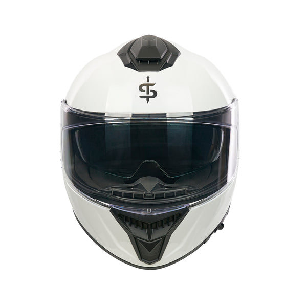 front facing white full face helmet with spada logo and clear visor