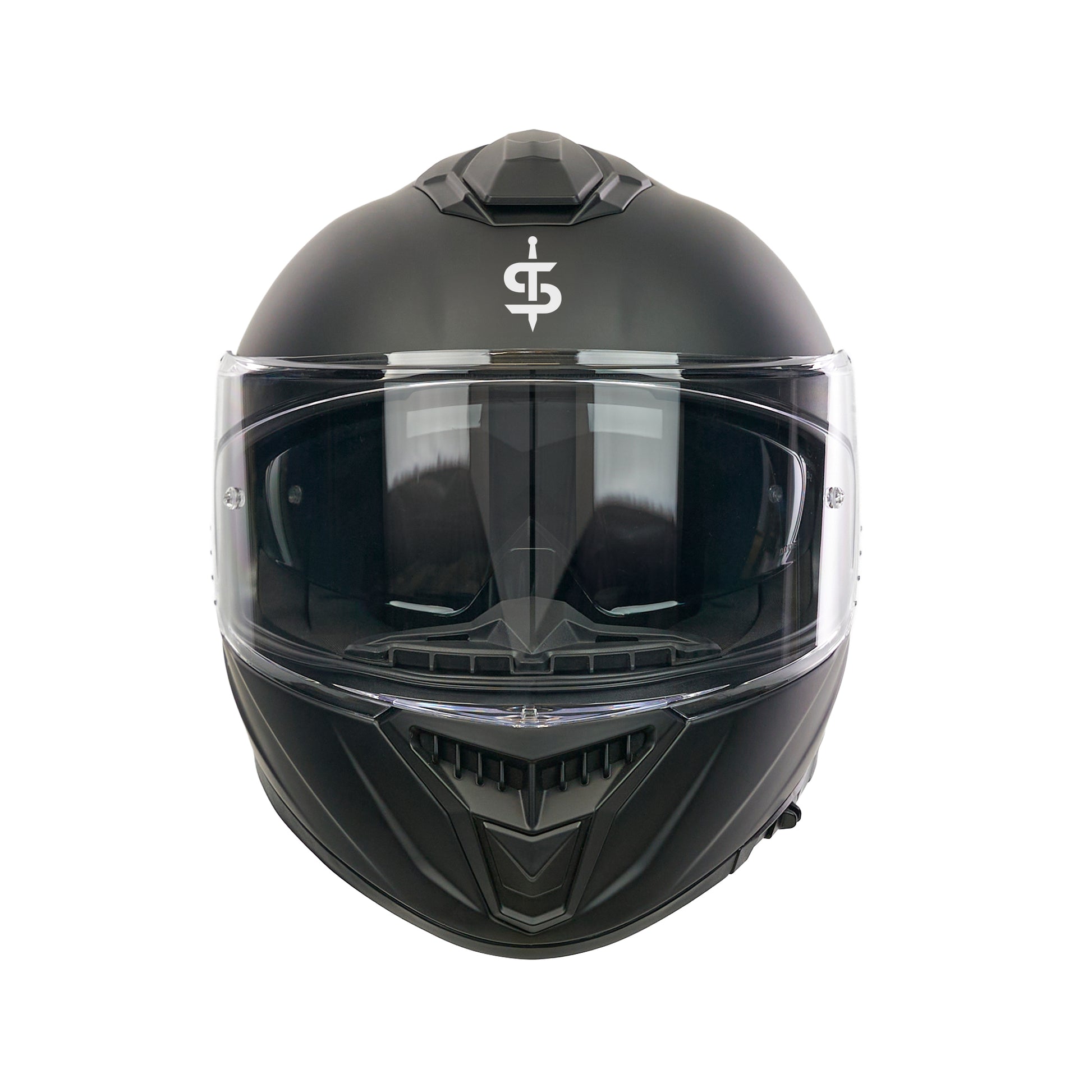 front facing black motorbike helmet
