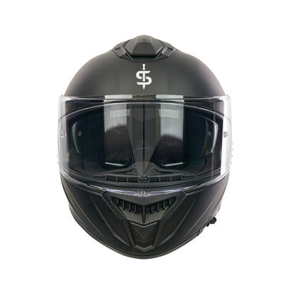 front facing black motorbike helmet