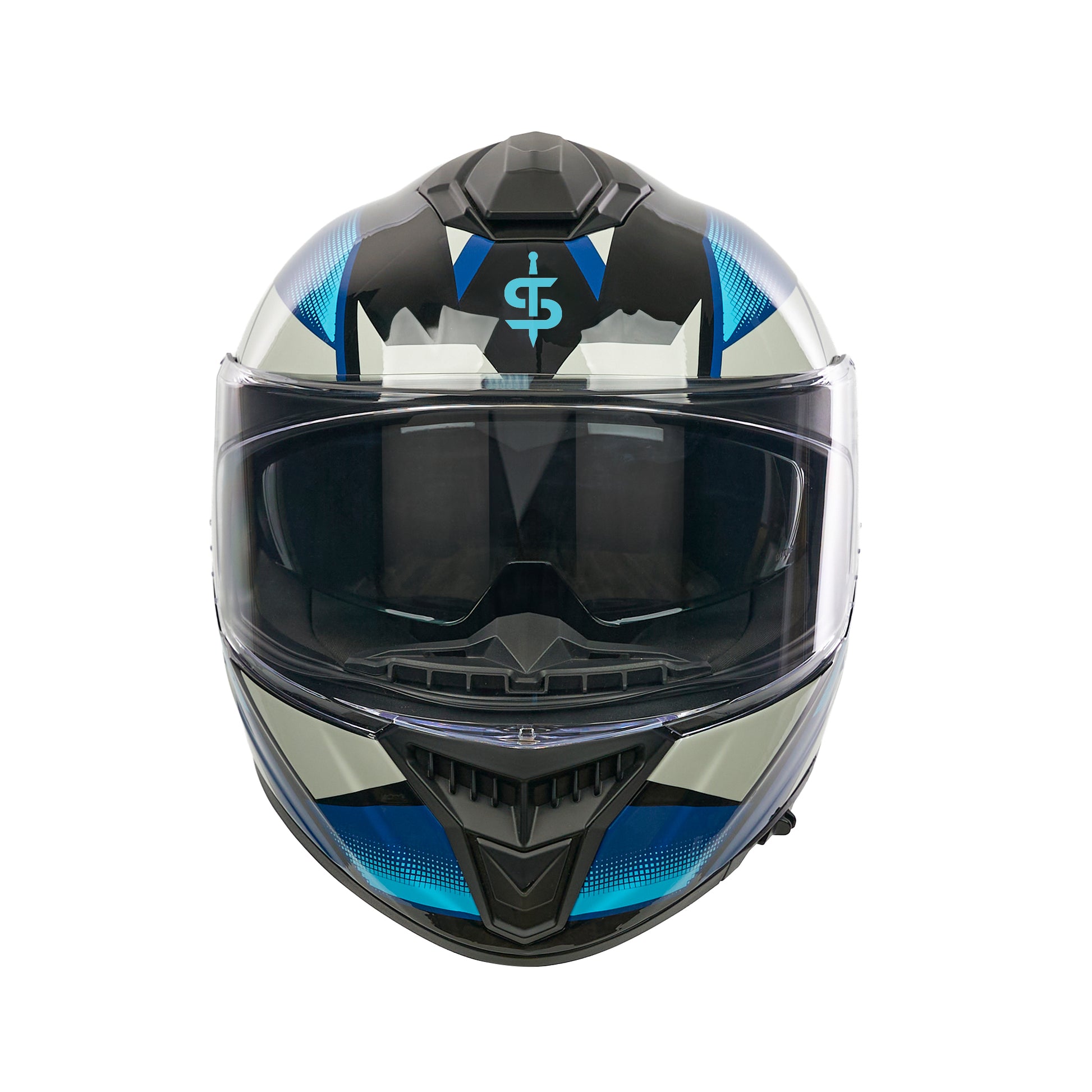 front facing black and blue spada motorbike helmet