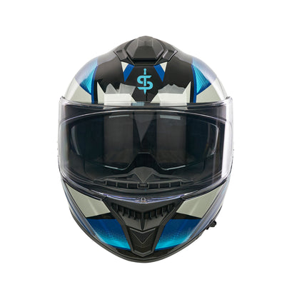 front facing black and blue spada motorbike helmet