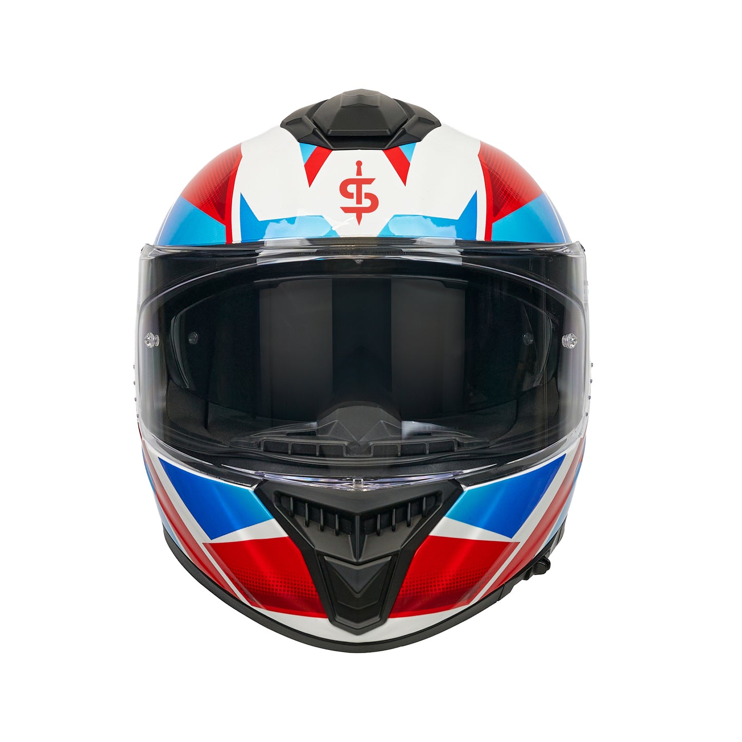 Motorcycle helmet with a Union Jack design on a white background