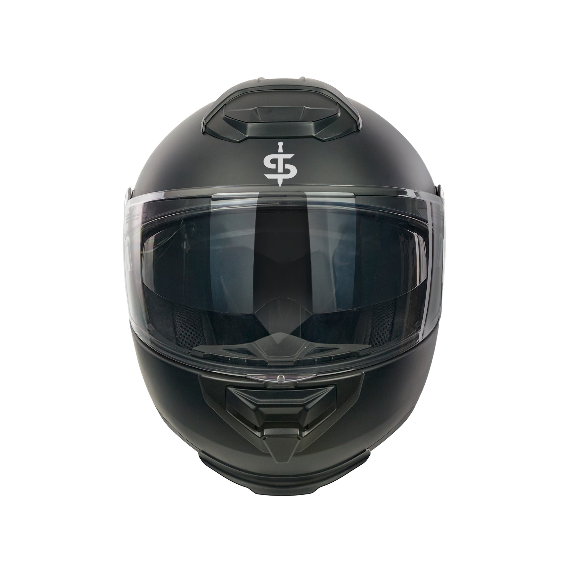 Black flip up motorbike helmet with spada logo and clear visor