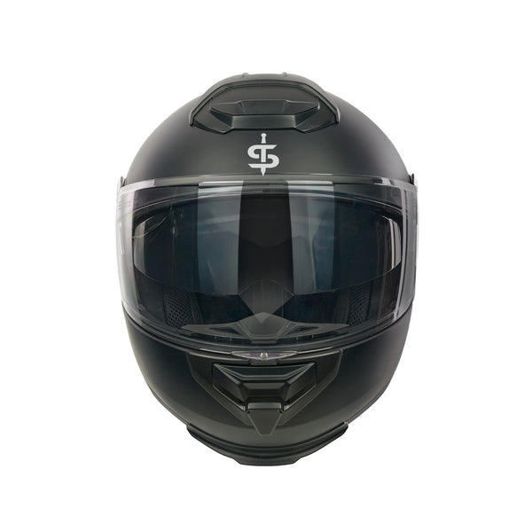 Black flip up motorbike helmet with spada logo and clear visor