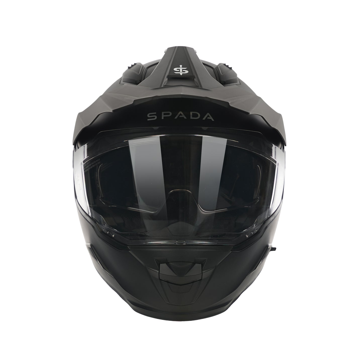front facing black biker helmet with clear visor and sun visor