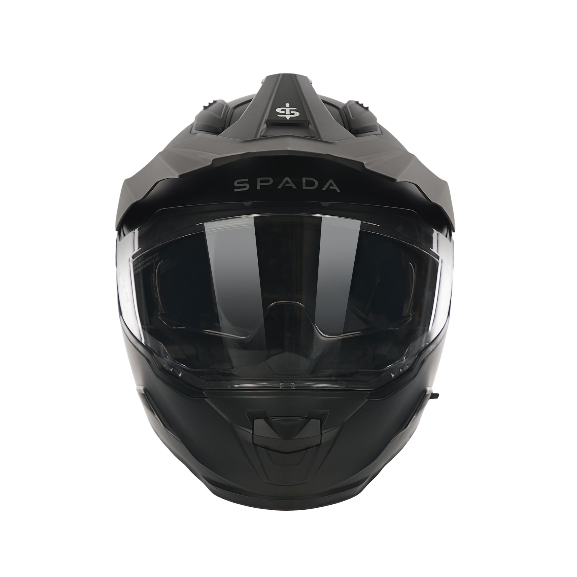 front facing black biker helmet with clear visor and sun visor