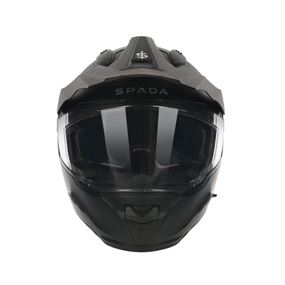 front facing black biker helmet with clear visor and sun visor