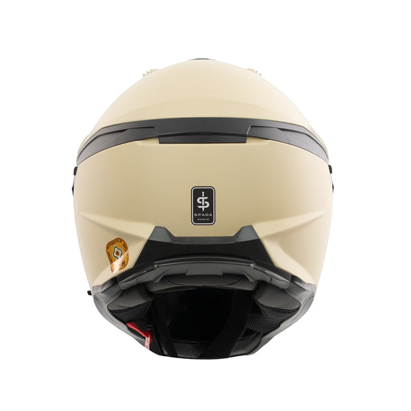 back of sand motorbike helmet with spada logo and acu gold sticker on the back