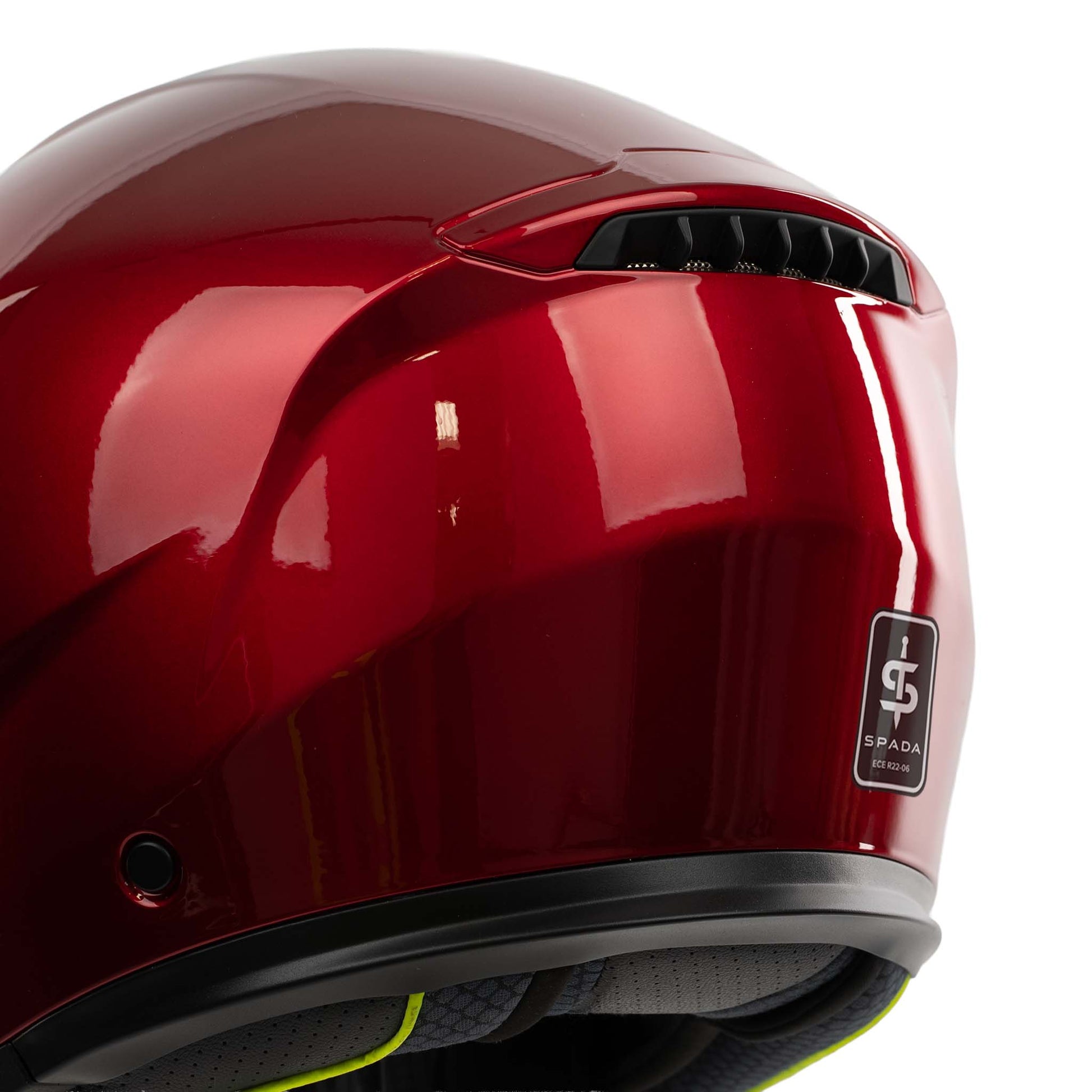 Glossy red helmet with a brand logo on a white background