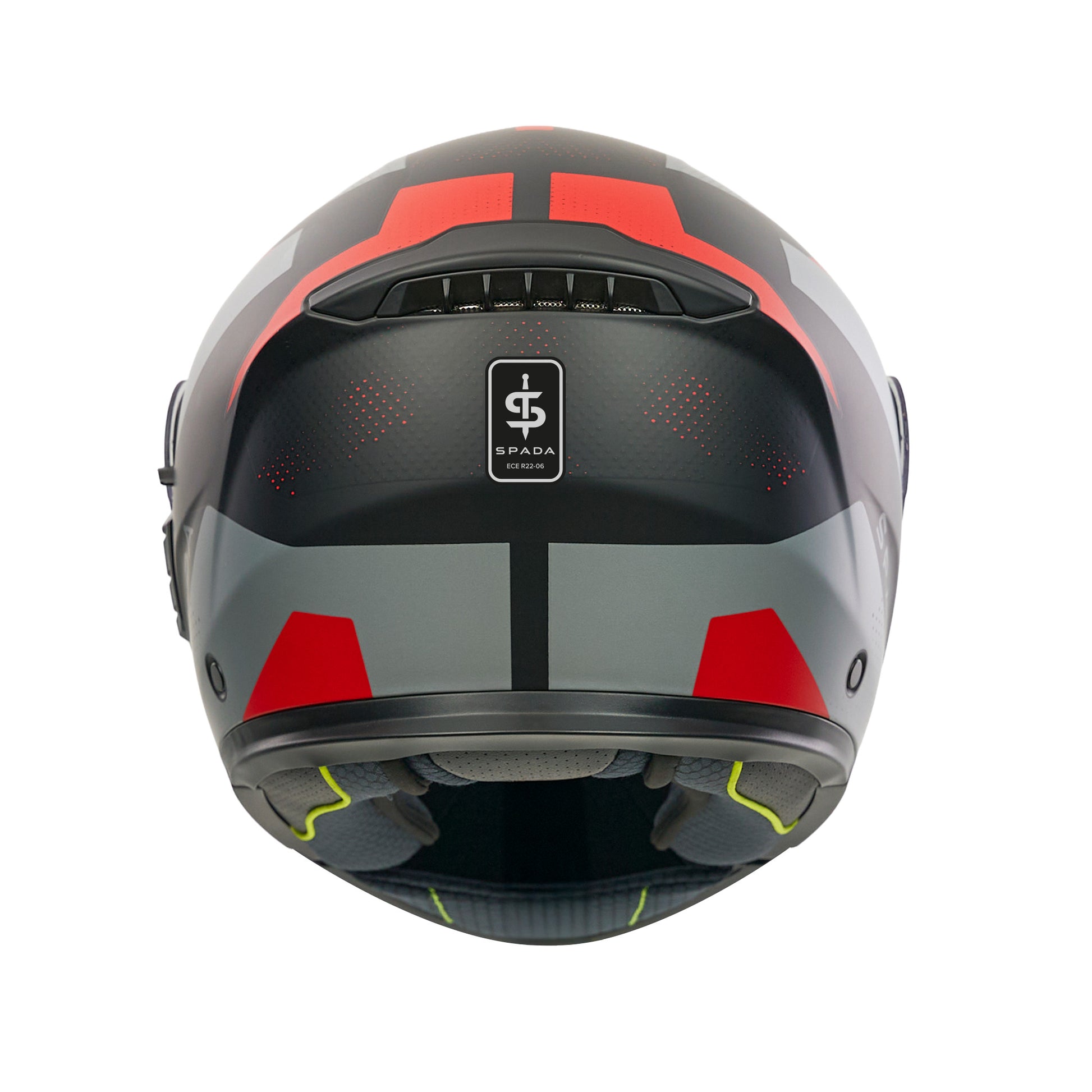 back of black grey and red motorbike helmet with spada logo on the back