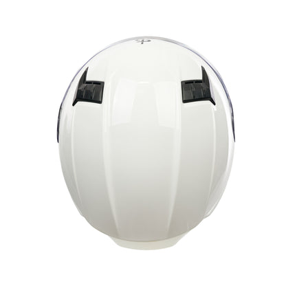 top of white full face helmet with black vents for airflow