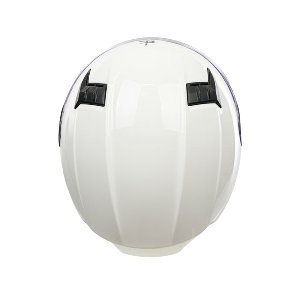 top of white full face helmet with black vents for airflow