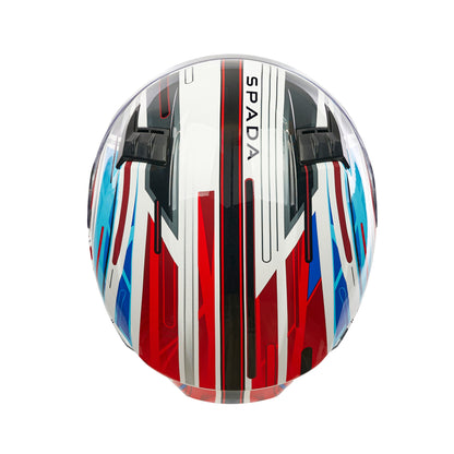 top of red blue and white full face motorbike helmet