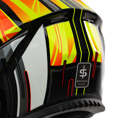 Colorful motorcycle helmet with Spada branding on a white background