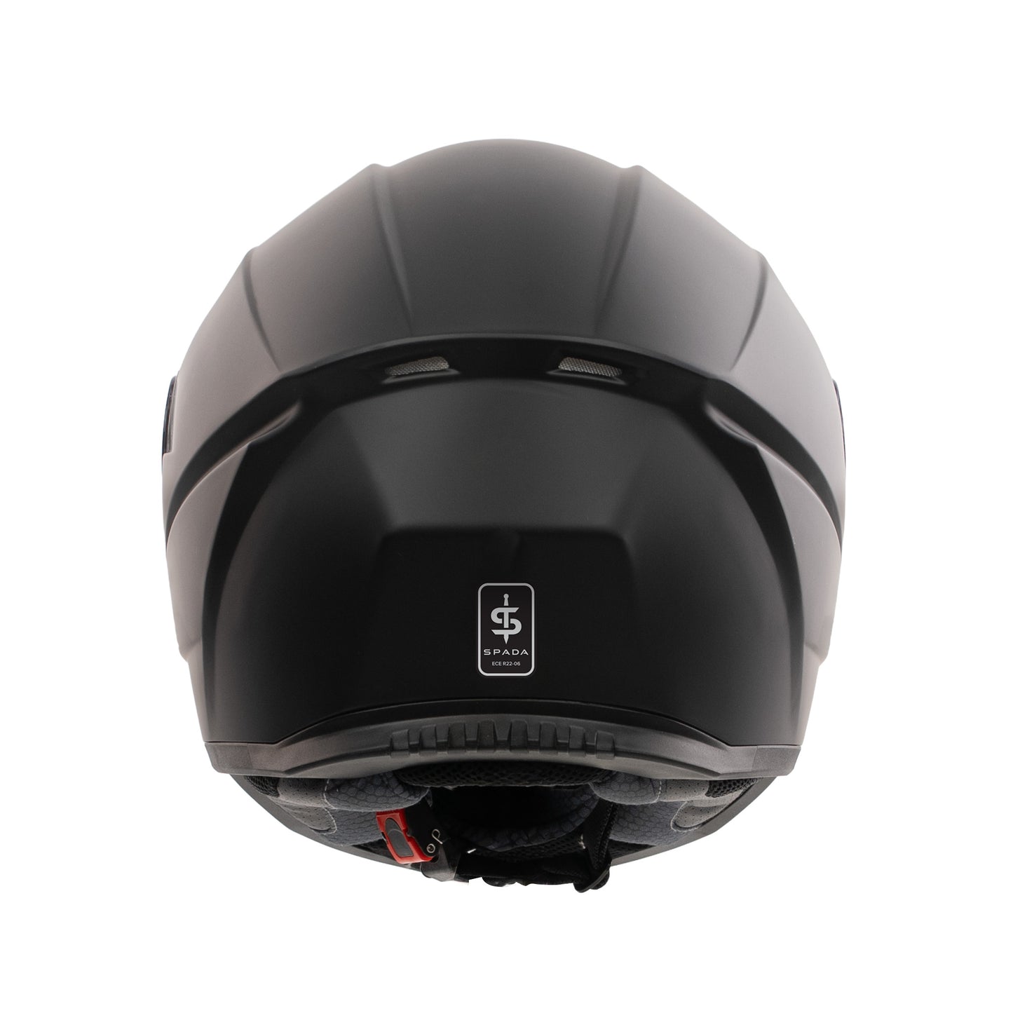 back of matt black biker helmet with spada logo
