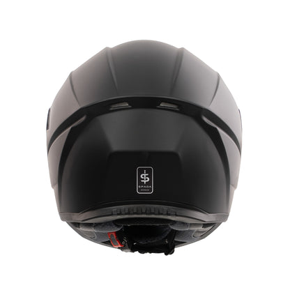 back of matt black biker helmet with spada logo