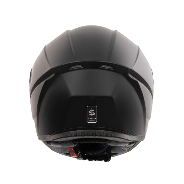 back of matt black biker helmet with spada logo