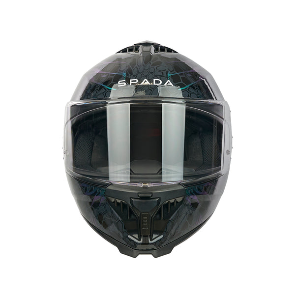front facing black and green full face motorcycle helmet with clear visor
