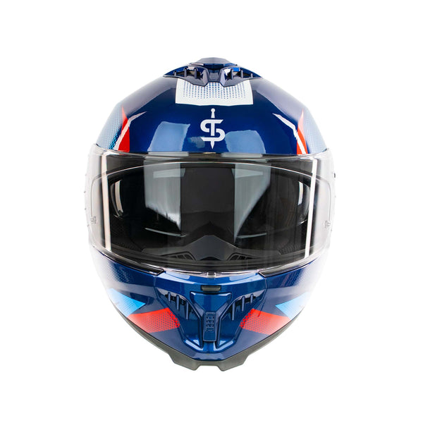front facing blue and red full face motorbike helmet