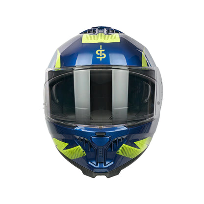 front facing blue and yellow helmet with yellow spada logo and clear visor