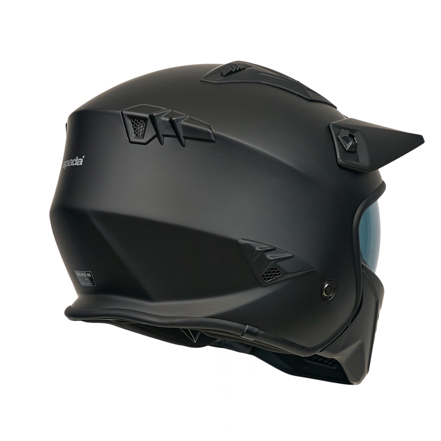 Black motorcycle helmet with visor on a white background
