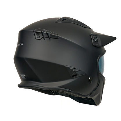 Black motorcycle helmet with visor on a white background