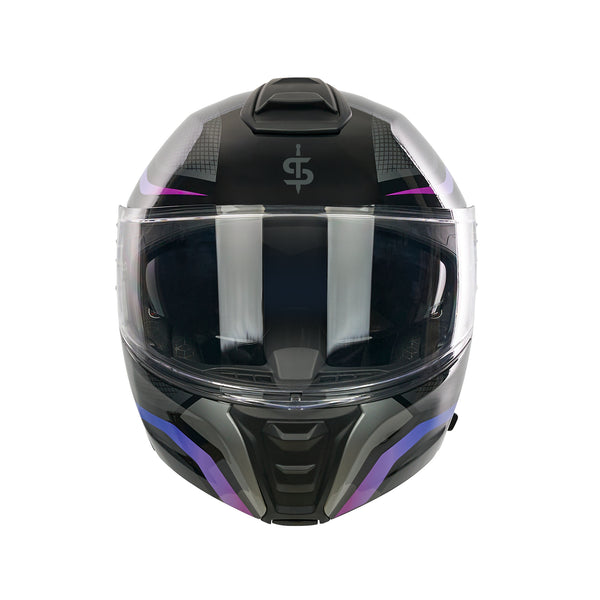 front facing black and purple motorbike helmet with clear visor