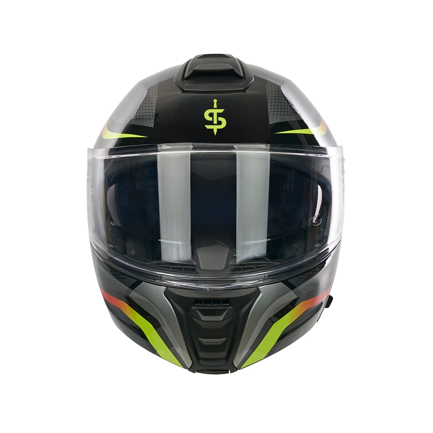 front facing black and yellow full face motorbike helmet with clear visor